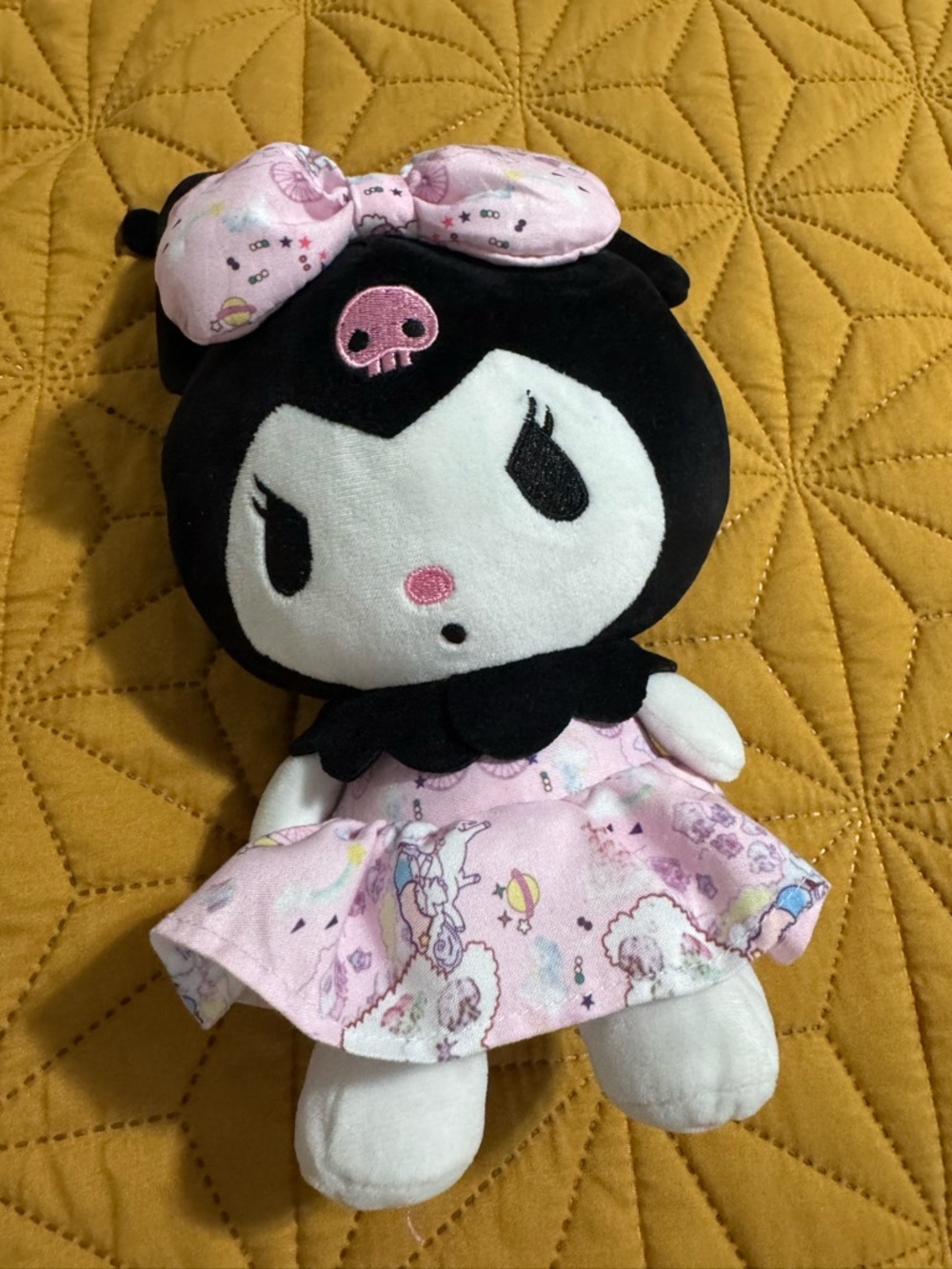 Sanrio Kuromi Plush Doll in Black, White, Pink with Bow